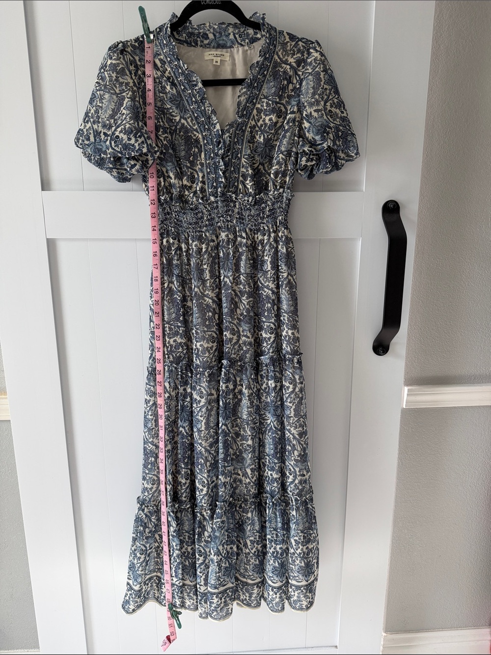 Max Studios Blue Floral V-Neck Smocked Waist Midi Dress